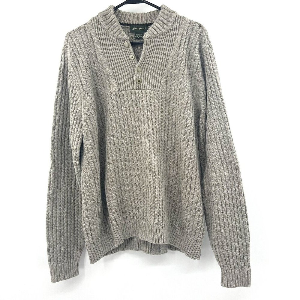 Eddie Bauer Cotton Beige Chunky Knit Sweater Quarter Button Mens Large